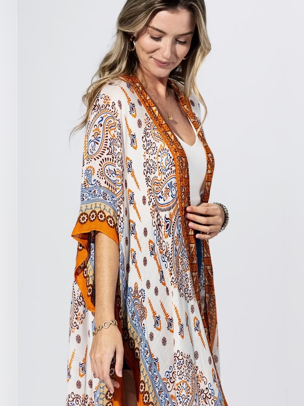 “Orange Peel Paisley” Viscose Kimono | Boho Open Front Duster | One Size
